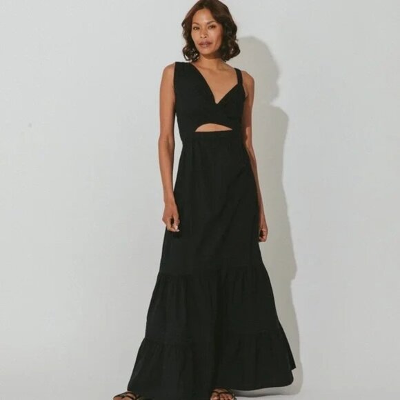 Cleobella Black Asymmetrical Straps Cut-Out Cotton Poplin Maxi Dress - Picture 1 of 15